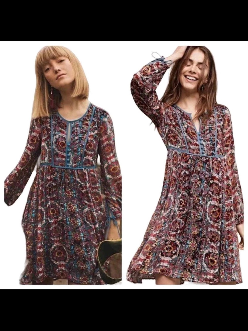 Anthro Anthropologie Abia Velvet Floral Dress XS Petite Boho Romantic Flowy